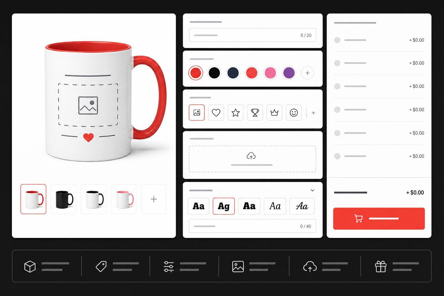 EZ Product Options interface with personalization fields, swatches, uploads and pricing